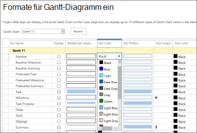 Seite "Gantt-Formatierung" in Project Online.