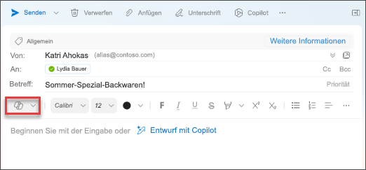 Menüoption „Entwurf mit Copilot“ in Outlook für Mac.