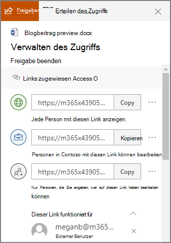 Screenshot des Bereichs "Zugriff verwalten" mit Freigabelinks