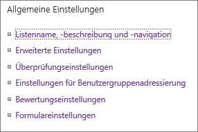 Liste der Links für "Allgemeine Einstellungen"