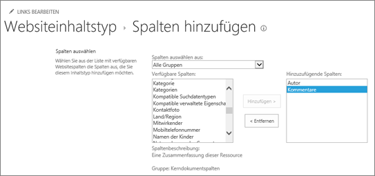 Hinzufügen vorhandener Spalten zum Inhaltstyp