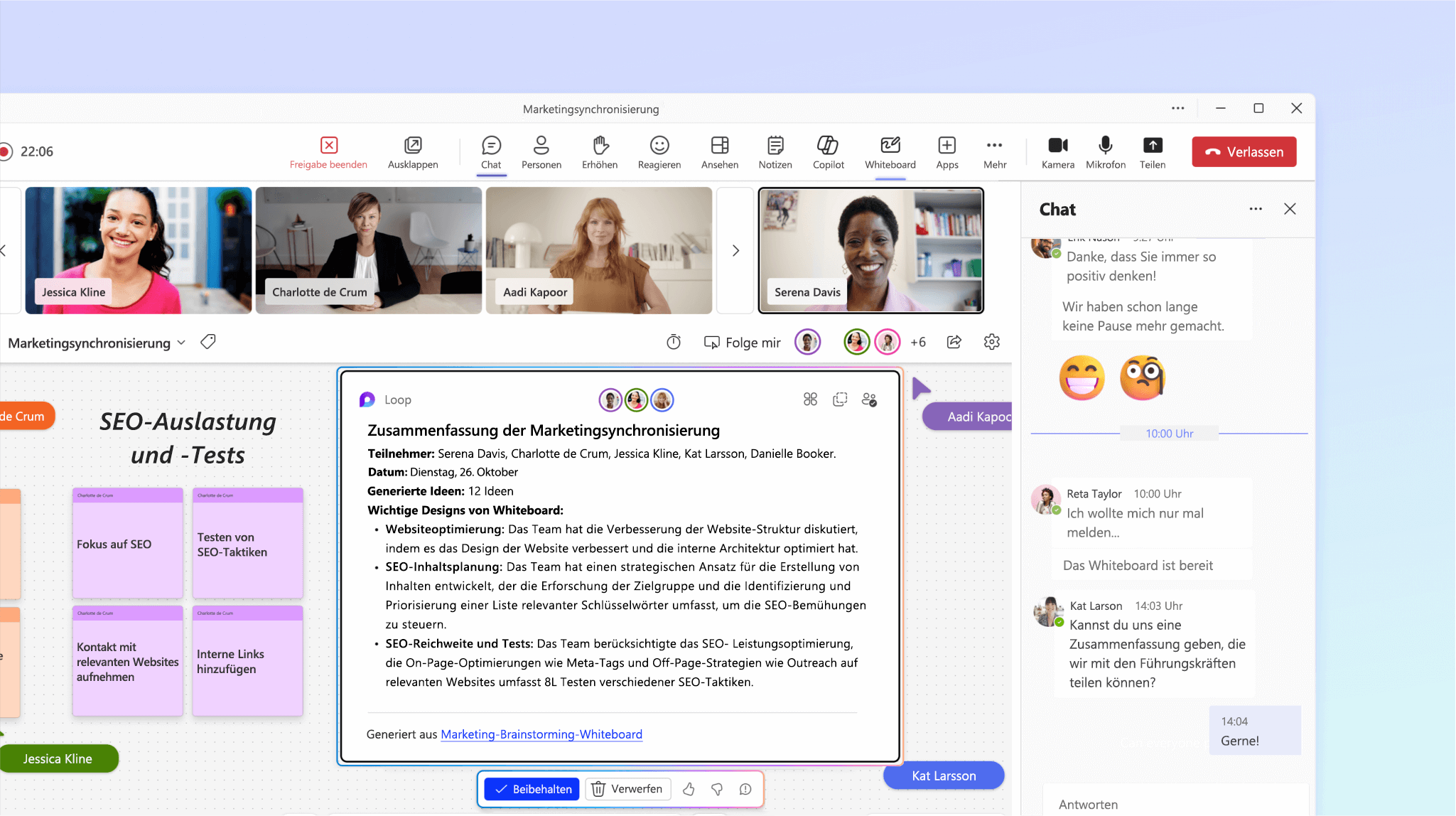 Screenshot: Copilot in Whiteboard, der die Diskussion in der Besprechung zusammenfasst.