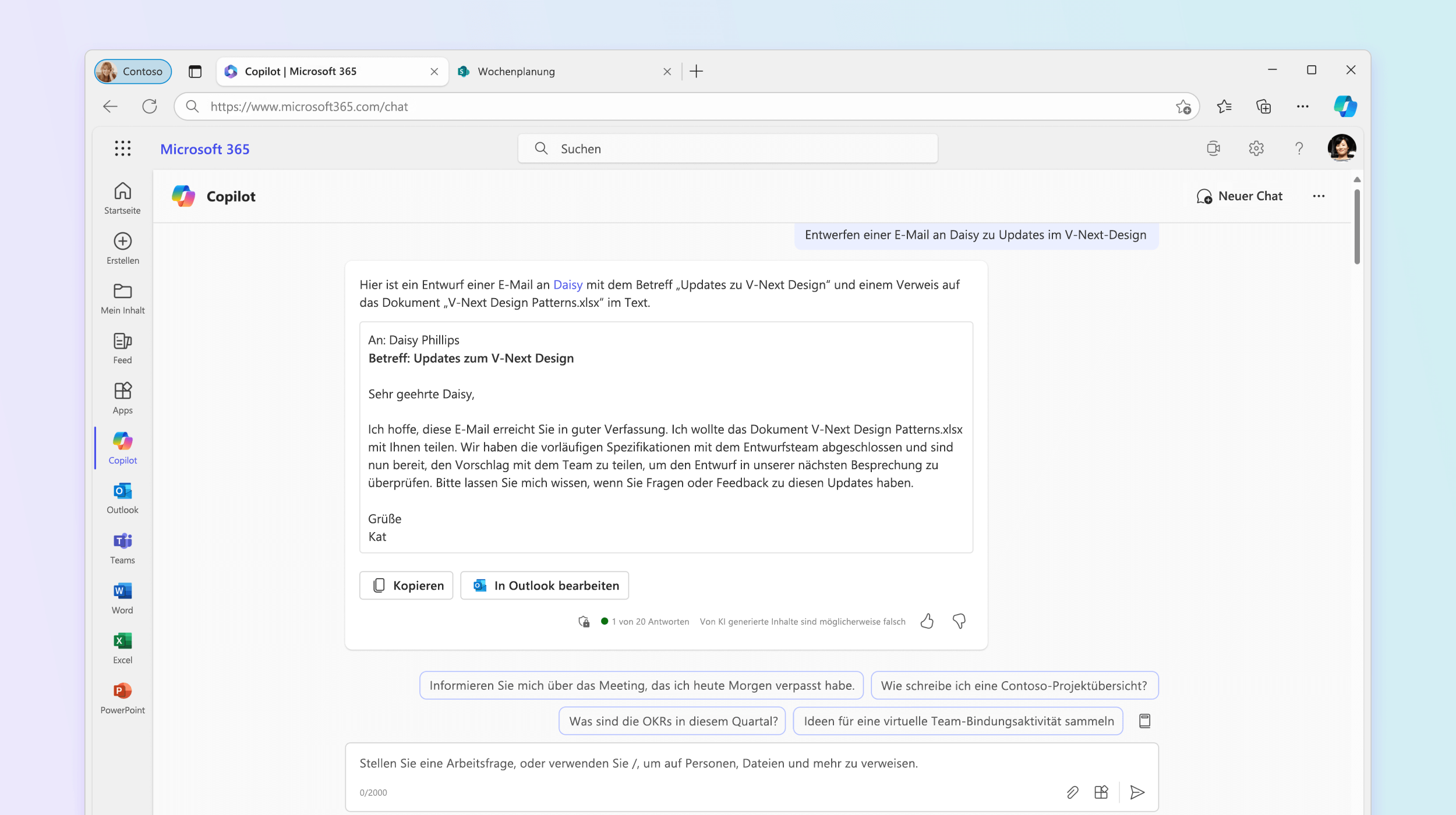 Der Screenshot zeigt Microsoft 365 Chat beim Verfassen einer E-Mail.