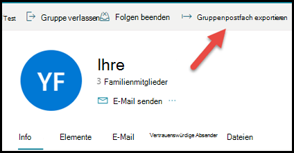 Die Gruppenkarte in Outlook.com mit einem Pfeil nach oben und rechts zum Exportieren des Gruppenpostfachs.