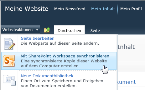 Befehl 'Mit SharePoint Workspace synchronisieren' im Menü 'Websiteaktionen'