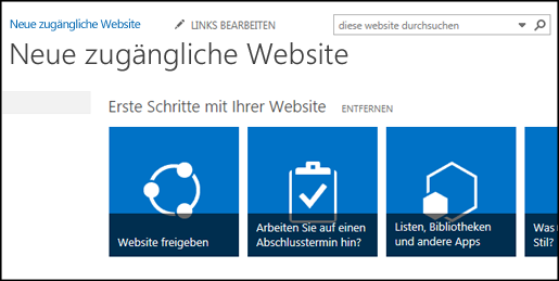 Screenshot einer neuen SharePoint-Website mit Kacheln zum Anpassen der Website