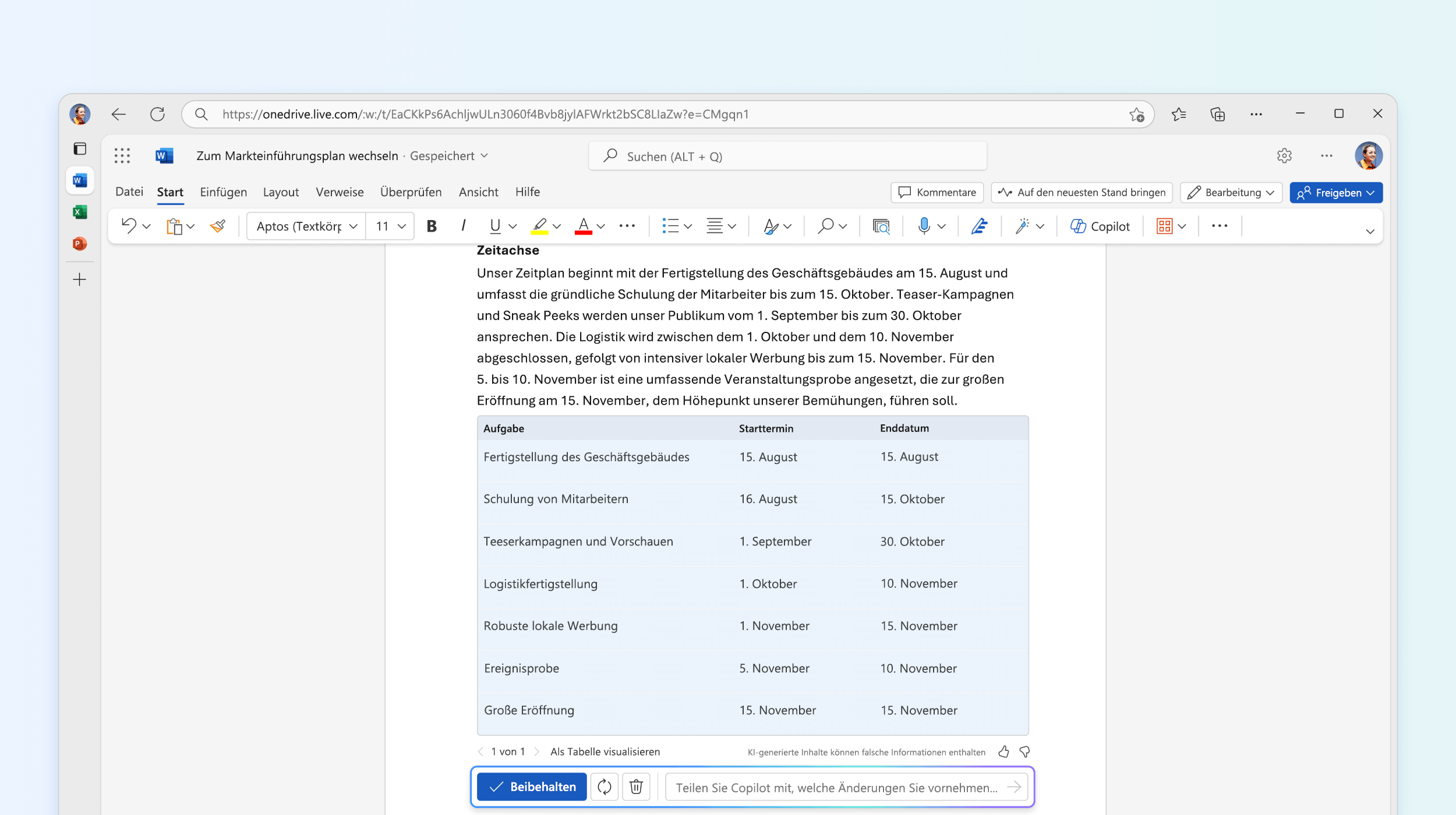 Screenshot von Text in einer Tabelle in Copilot in Word