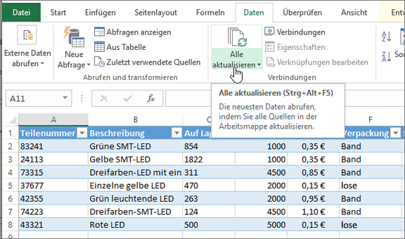 Excel-Kalkulationstabelle mit importierter Liste und hervorgehobener Schaltfläche "Alle aktualisieren".