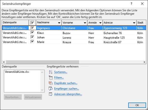 Dialogfeld "Seriendruckempfänger", das den Inhalt einer Excel-Tabelle anzeigt, die als Datenquelle für eine Adressliste verwendet wird