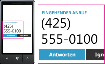 Screenshot der Rufnummer für einen eingehenden Anruf und der Schaltfläche zum Annehmen im Lync-Client für Mobilgeräte