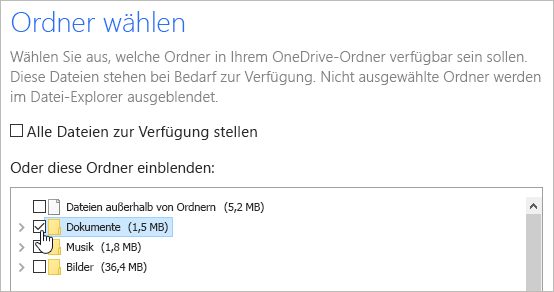 Auswählen der OneDrive-Ordner, die mit Ihrem Computer ...