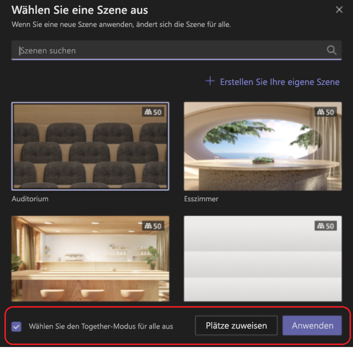 Abbildung des Bildschirms „Szene auswählen“ mit aktiviertem Zusammen-Modus für alle Benutzer am unteren Rand.