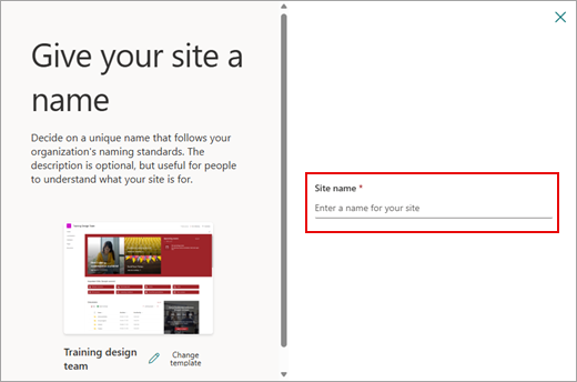 Screenshot, der zeigt, wie sie einer neuen SharePoint Online-Website einen Namen geben.