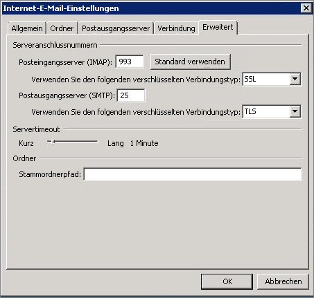 Screenshot der Registerkarte "Erweitert" im Dialogfeld "Internet-E-Mail-Einstellungen".