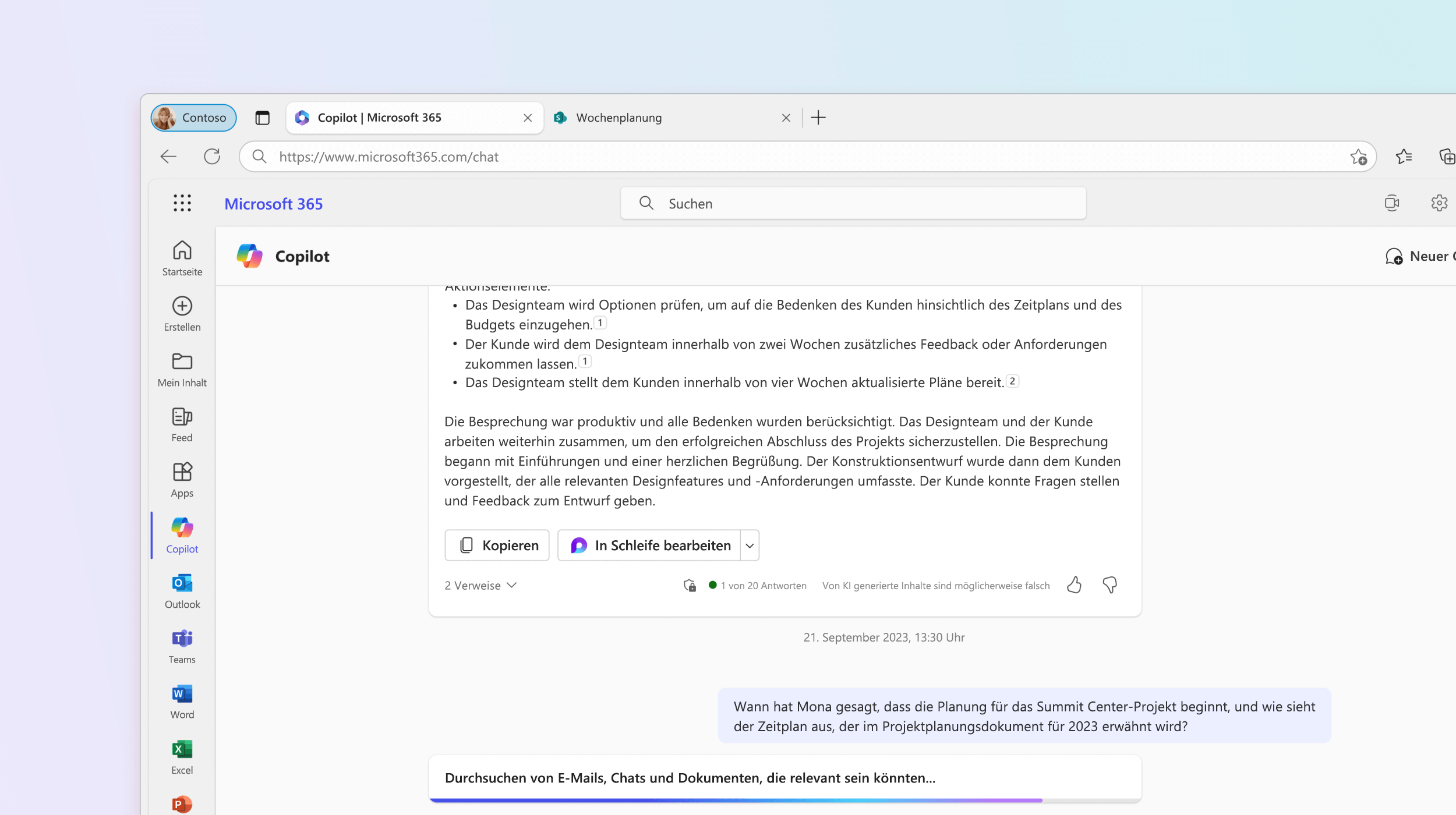 Der Screenshot zeigt, wie Microsoft 365 Chat eine Frage zur Projektplanung beantwortet.