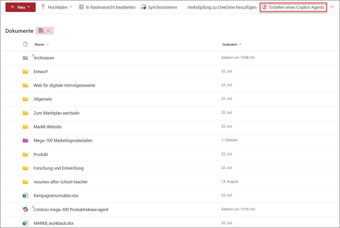 Der Screenshot von „Neuen Copilot-Agent aus der Dokumentbibliothek erstellen“