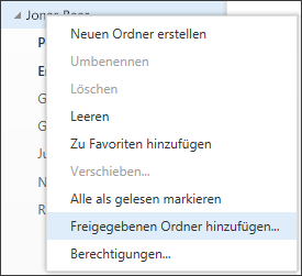 Kontextmenüoption 'Freigegebenen Ordner hinzufügen' in Outlook Web App