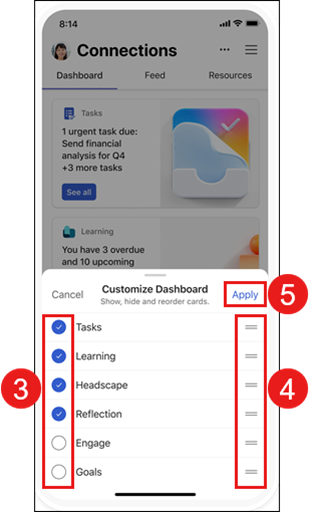 Screenshot: Optionen zum Neuanordnen, Ausblenden und Anzeigen Dashboard Karten
