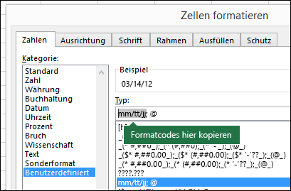 Beispiel für die Verwendung von "Format" > "Zellen" > "Zahl" > "Benutzerdefiniert" zum programmgesteuerten Erstellen von Formatzeichenfolgen in Excel.