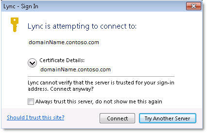 A screen shot of the Lync - Sign In dialog box, showing the error message 