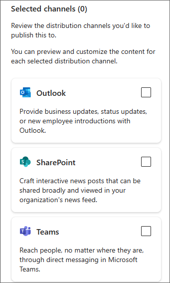 Screenshot des Seitenbereichs mit Kontrollkästchen für Outlook, SharePoint und Teams.