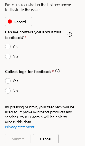 Screenshot: Option zum Zulassen von Kontakten und Senden von Protokollen beim Senden von Feedback