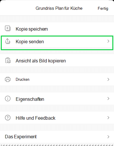 Die Optionen zum Senden einer Kopie in Visio Viewer für iOS.
