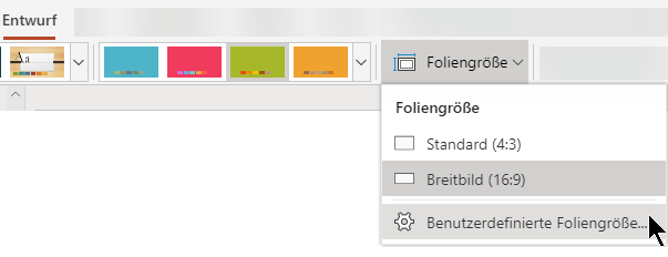Optionen für die Foliengröße stehen am rechten Rand der Registerkarte "Entwurf" auf der Symbolleiste des Menübands in PowerPoint Online zur Verfügung.