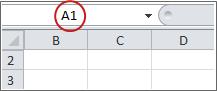 Namenfeld mit angezeigtem Wert 'A1' zum Einblenden von Spalte A und Zeile 1