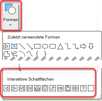 Abbildung des Menüs 'Formen' im Menüband in PowerPoint mit hervorgehobenen "Aktionsschaltflächen"