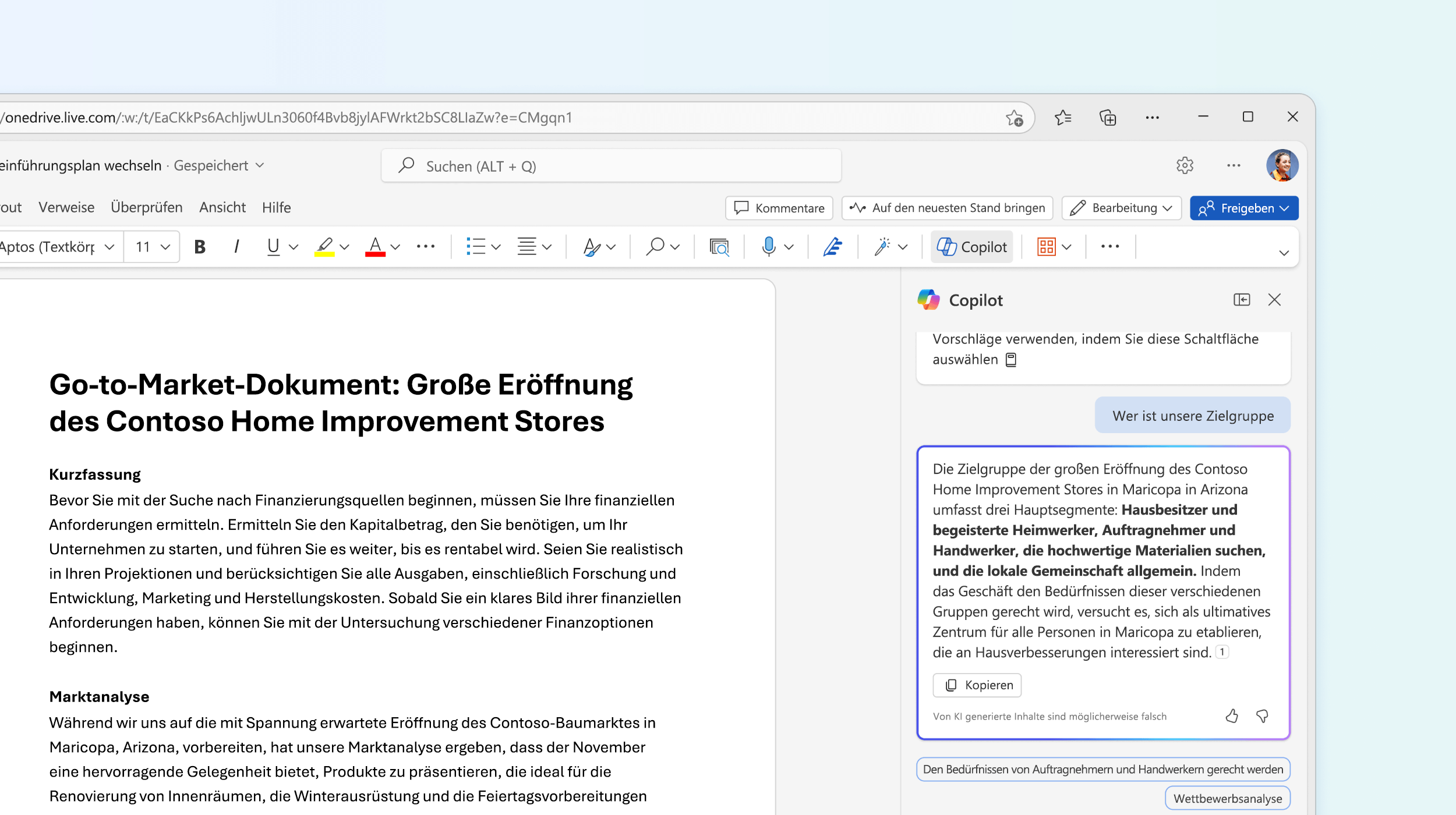 Der Screenshot zeigt Copilot in Word bei der Beantwortung einer Frage zu einem Dokument.