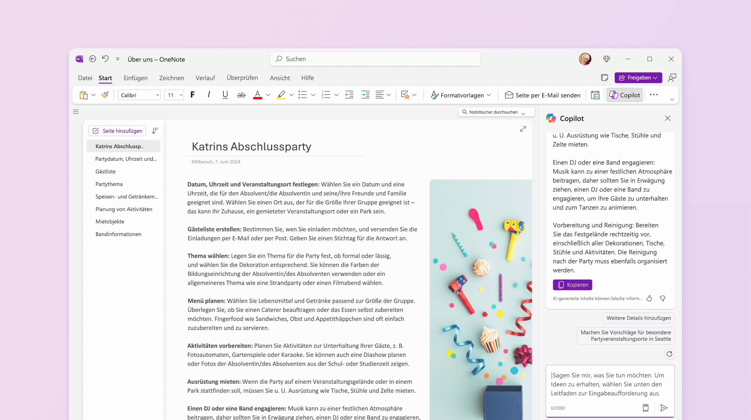 Screenshot: Copilot in OneNote mit Vorschlägen zum Ausprobieren.