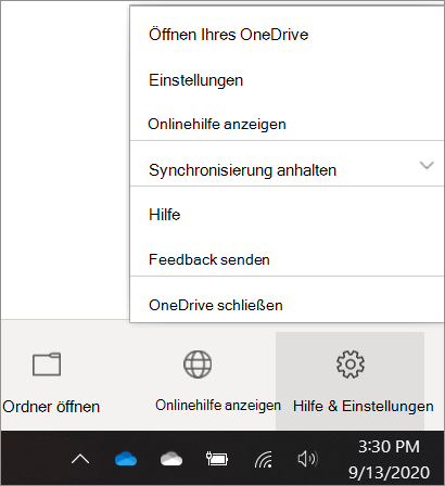 Screenshot, wie Sie zu den OneDrive-Einstellungen gelangen