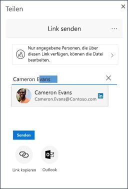 Dialogfeld zur Freigabe in OneDrive mit vorgeschlagenem LinkedIn-Kontakt