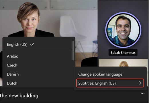 Screenshot der Sprachauswahl in live übersetzten Untertiteln für Teams-Besprechungen.