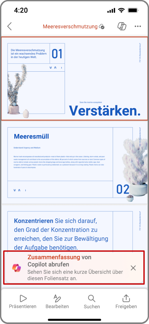 Screenshot von Copilot in PowerPoint auf einem iOS-Smartphone mit hervorgehobener Eingabenaufforderung „Zusammenfassung abrufen“