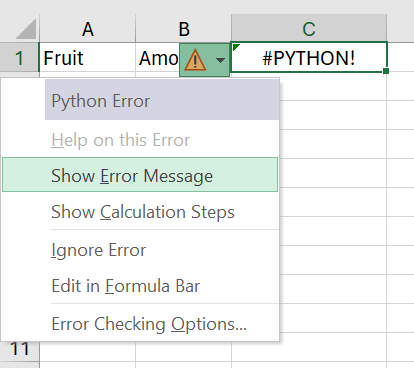Ein Fehler in einer Python in Excel-Zelle, wobei das Fehlermenü geöffnet ist.