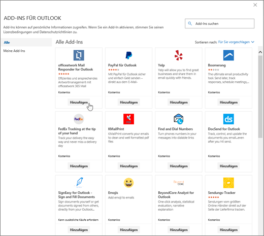 Screenshot der Seite "Add-Ins für Outlook".