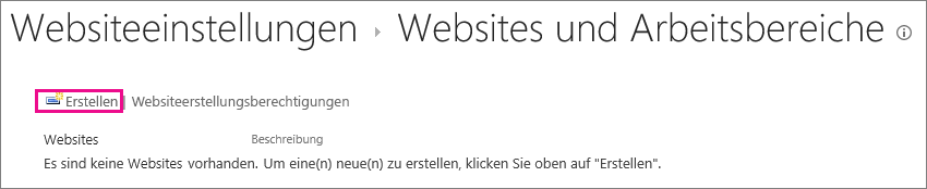 Der Links zum Erstellen von Websites im Dialogfeld "Websites und Arbeitsbereiche"