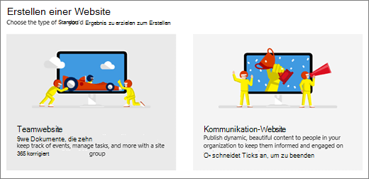 Auswahl von zwei Vorlagen auf oberster Ebene: Team- oder Kommunikationswebsite.