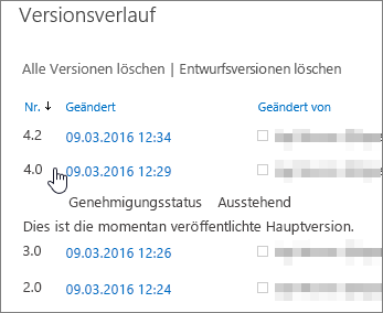 Versionsverlauf mit einer gelöschten Nebenversion