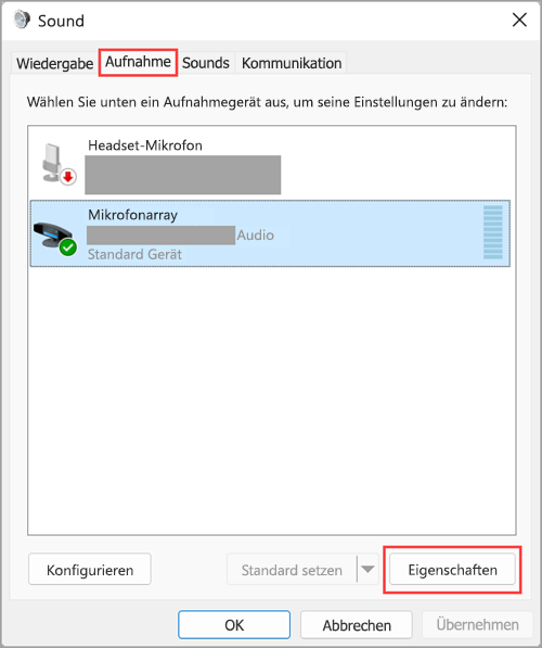 Greifen Sie in den Windows 11-Soundeinstellungen auf die Audioeingabegeräteeigenschaften zu.
