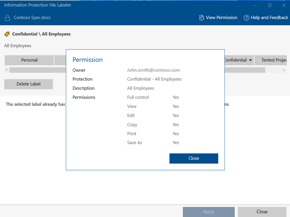 Anzeigen von Berechtigungen mit Microsoft Purview Information Protection Dateibezeichnung