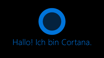 Das Cortana-Symbol auf dem Bildschirm, darunter die Wörter "Hallo. Ich bin Cortana".