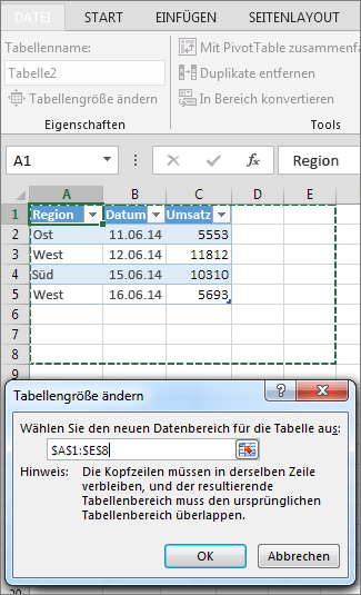 Gruppierung von Spalten in einer Excel-Tabelle in Deutschland