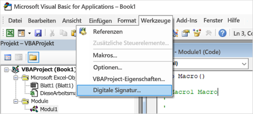 Screenshot der Auswahl der digitalen Signatur
