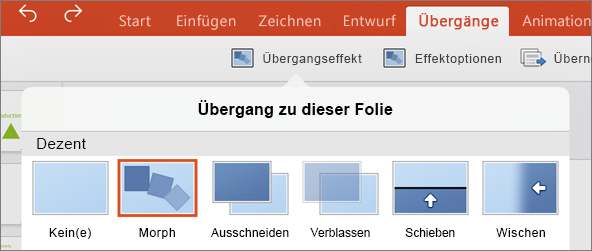 Zeigt den Morph-Übergang im Menü "Übergang" in PowerPoint 2016 für iPad