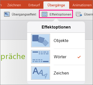 Zeigt Effektoptionen für den Morph-Übergang in PowerPoint 2016 für iPad