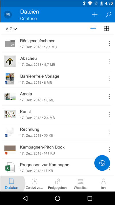 Screenshot der mobilen OneDrive-App mit hervorgehobener Schaltfläche "Dateien"
