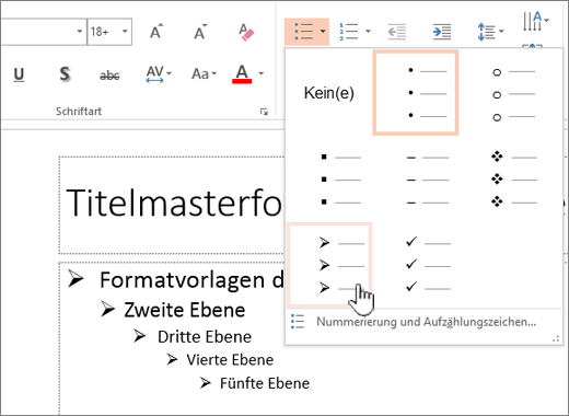 Festlegen des Standard-Aufzählungszeichens für alle Ebenen